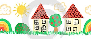 Kids drawing border seamless. Cute hand drawn house, rainbow, tree, sun repeating horizontal pattern. Use for kids decor