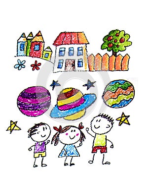 Kids drawing image. Space exploration. School, kindergarten illustration. Play and grow. Crayon image. Ufo, alien