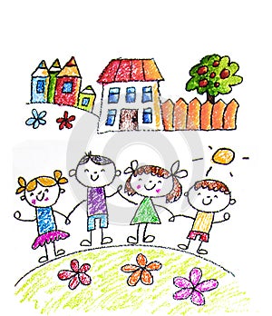 Kids drawing image. Space exploration. School, kindergarten illustration. Play and grow. Crayon image. Ufo, alien