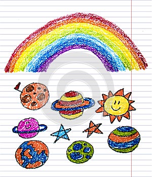 Kids drawing image. Space exploration. School, kindergarten illustration. Play and grow. Crayon image. Ufo, alien