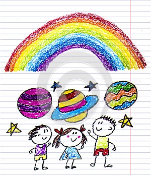 Kids drawing image. Space exploration. School, kindergarten illustration. Play and grow. Crayon image. Ufo, alien