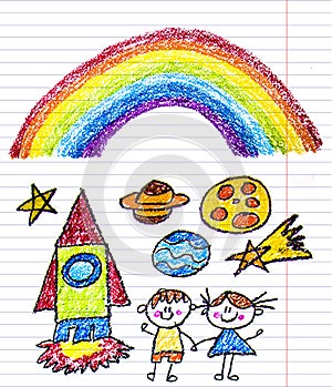 Kids drawing image. Space exploration. School, kindergarten illustration. Play and grow. Crayon image. Ufo, alien