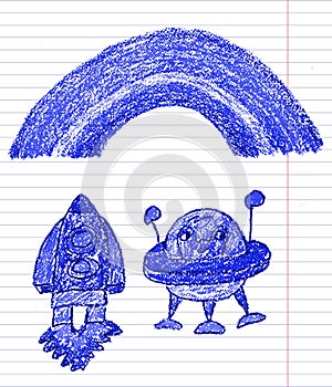 Kids drawing image. Space exploration. School, kindergarten illustration. Play and grow. Crayon image. Ufo, alien, spaceship,