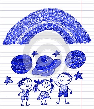 Kids drawing image. Space exploration. School, kindergarten illustration. Play and grow. Crayon image. Ufo, alien, spaceship,