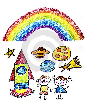 Kids drawing image. Space exploration. School, kindergarten illustration. Play and grow. Crayon image. Ufo, alien, spaceship,