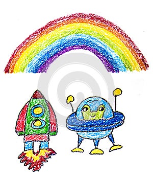 Kids drawing image. Space exploration. School, kindergarten illustration. Play and grow. Crayon image. Ufo, alien, spaceship,