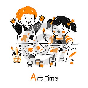 Kids drawing at kindergarten illustration in cartoon doodle style. Cute smiling toddlers boy and girl doing mess with