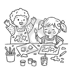 Kids drawing at kindergarten illustration in cartoon doodle style. Cute smiling toddlers boy and girl doing mess with