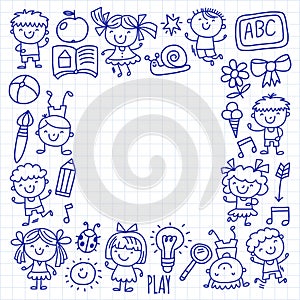 Kids drawing Kindergarten School Happy children play Illustration for kids Nursery Preschool Children icon