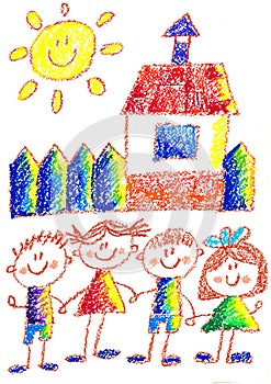 Kids drawing. Kindergarten. School. Happy children at playground. Crayon illustration. Back to school image