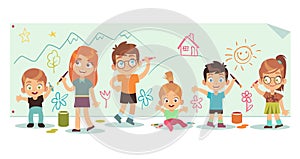 Kids drawing pictures. Art children paint tools kid group handmade diversity draw brush picture color, cartoon vector