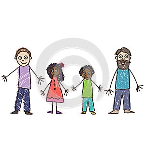 Kids Drawing. Same sex parents. Two-dad family. Adoptive family. Vector illustration