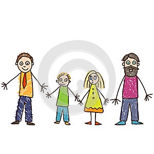 Kids Drawing. Same sex parents. Two-dad family. Vector illustration