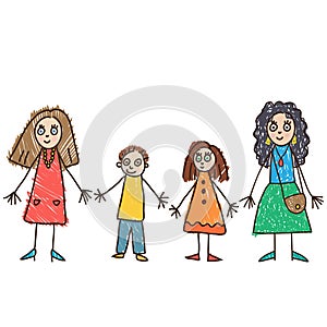 Kids Drawing. Same sex parents. Two-mum family. Vector illustration