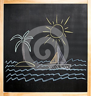 Kids drawing sun palm island sailboat sea