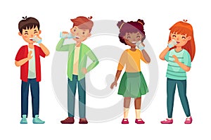 Kids drink glass of water. Happy boy and girl drinks. Children drinking hydration level care vector cartoon illustration