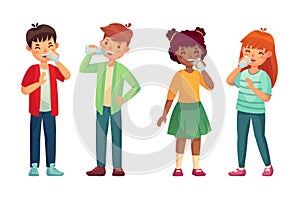Kids drink glass of water. Happy boy and girl drinks. Children drinking hydration level care vector cartoon illustration photo