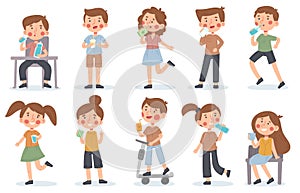 Kids drink water, juice or milk, thirsty kindergarten children. Girls and boys drinking delicious drinks vector