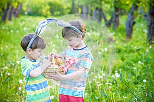 Kids on Easter egg hunt in blooming spring garden. Children sear