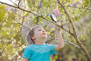 Kids on Easter egg hunt in blooming spring garden. Children searching for colorful eggs in flower meadow. Toddler boy and his brot