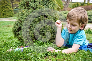 Kids on Easter egg hunt in blooming spring garden. Children searching for colorful eggs in flower meadow. Toddler boy and his brot