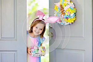 Kids Easter egg hunt. Child and eggs, bunny ears