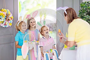 Kids Easter egg hunt. Child and eggs  bunny ears