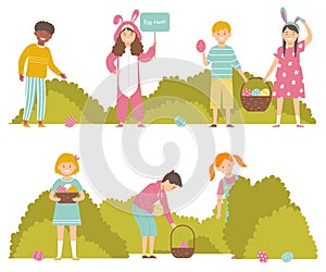 Kids on Easter egg hunt in garden. Children searching for colorful eggs in a park. Boys and girls play outdoors. Set of characters