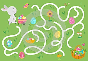 Kids easter maze game. Eggs hunter with cute cartoon bunny. Find right way, children paper play labyrinth. Springtime