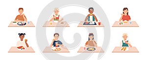 Kids eat. Happy boys, girls group eating delicious meals and drinks at table, enjoying breakfast, lunch children cartoon photo