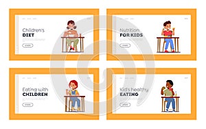 Kids Eat Food Landing Page Template Set. Little Girls and Boys Sitting at Table with Tasty Meals. Baby Characters Eating