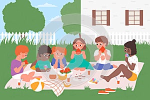 Kids eat picnic food, happy children friends spend fun time on picnic together in garden