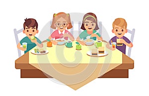 Kids eat together. Children eating dinner cafe restaurant happy child breakfast lunch fast food dining friends cartoon