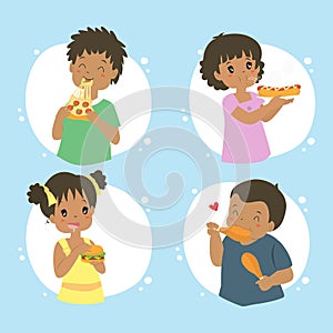 Kids Eating Fast Foods Vector Collection