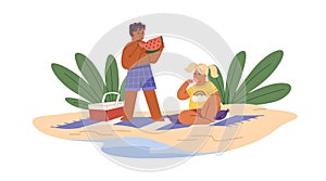 Kids eating on sand beach. Happy children with ice-cream and watermelon on summer holidays. Boy and girl relaxing with