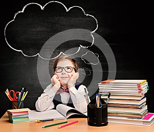 Kids Education, Child Boy Study in School, Thinking Bubble photo