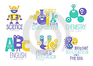 Kids education and learning logo set, chemistry, physics, english, biology creative badges vector Illustrations on a