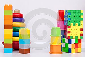 Kids education toys, pyramid on the white background. Copy space