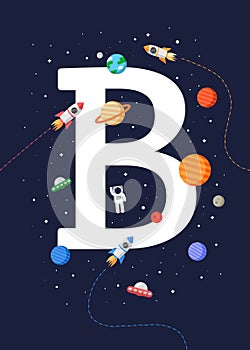 Kids educational poster `Letter B` with a print-ready space theme. space kids.