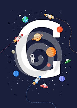 Kids educational poster `Letter C` with a print-ready space theme. space kids.