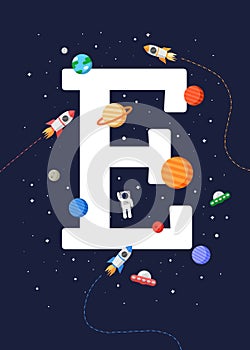 Kids educational poster `Letter E` with a print-ready space theme. space kids.