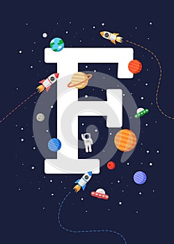 Kids educational poster `Letter F` with a print-ready space theme. space kids.