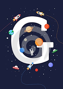 Kids educational poster `Letter G` with a print-ready space theme. space kids.