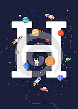 Kids educational poster `Letter H` with a print-ready space theme. space kids.