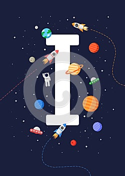 Kids educational poster `Letter I` with a print-ready space theme. space kids.