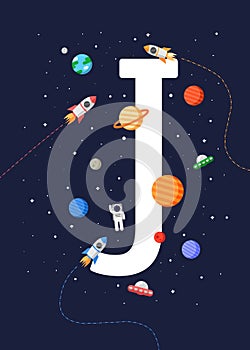 Kids educational poster `Letter J` with a print-ready space theme. space kids.