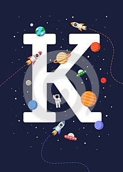 Kids educational poster `Letter K` with a print-ready space theme. space kids.