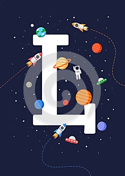 Kids educational poster `Letter L` with a print-ready space theme. space kids.