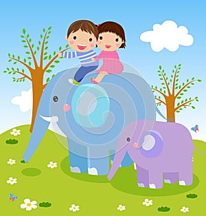 Kids and elephant