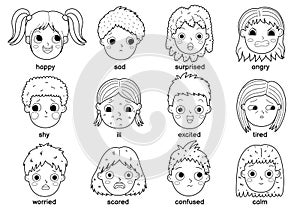 Kids emotions black and white set in cartoon style. Cute boys and girls face expressions collection